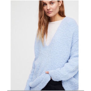 Free People Oversized Lofty Style Alpaca Blend Knit V Neck Sweater Light Blue XS